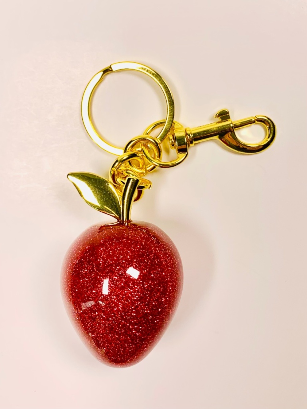 3D Glitter Resin Red Sparkly Apple keychain bag charm gold-tone whimsical food